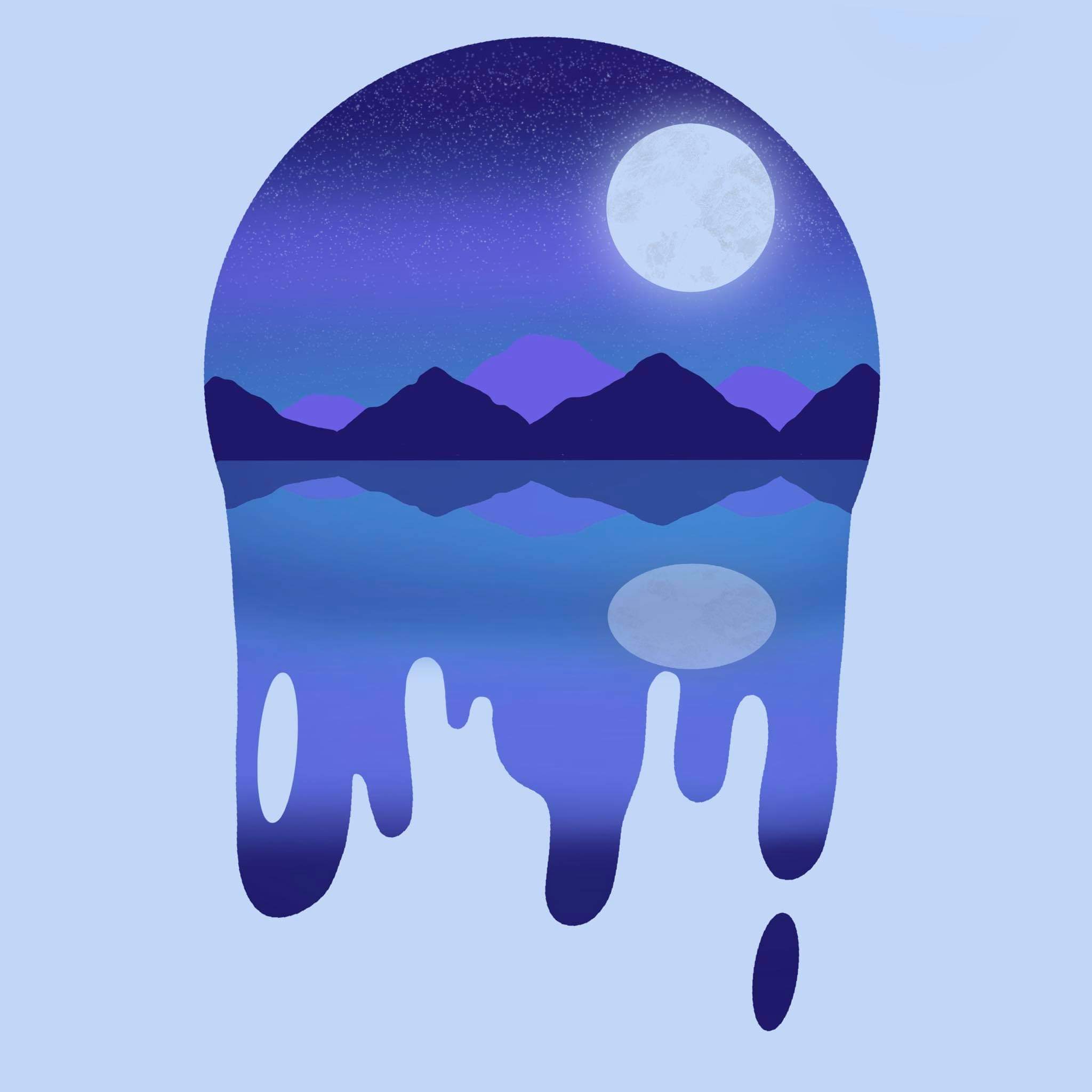 Dripping Moon Landscape | Surreal Blue Night Art